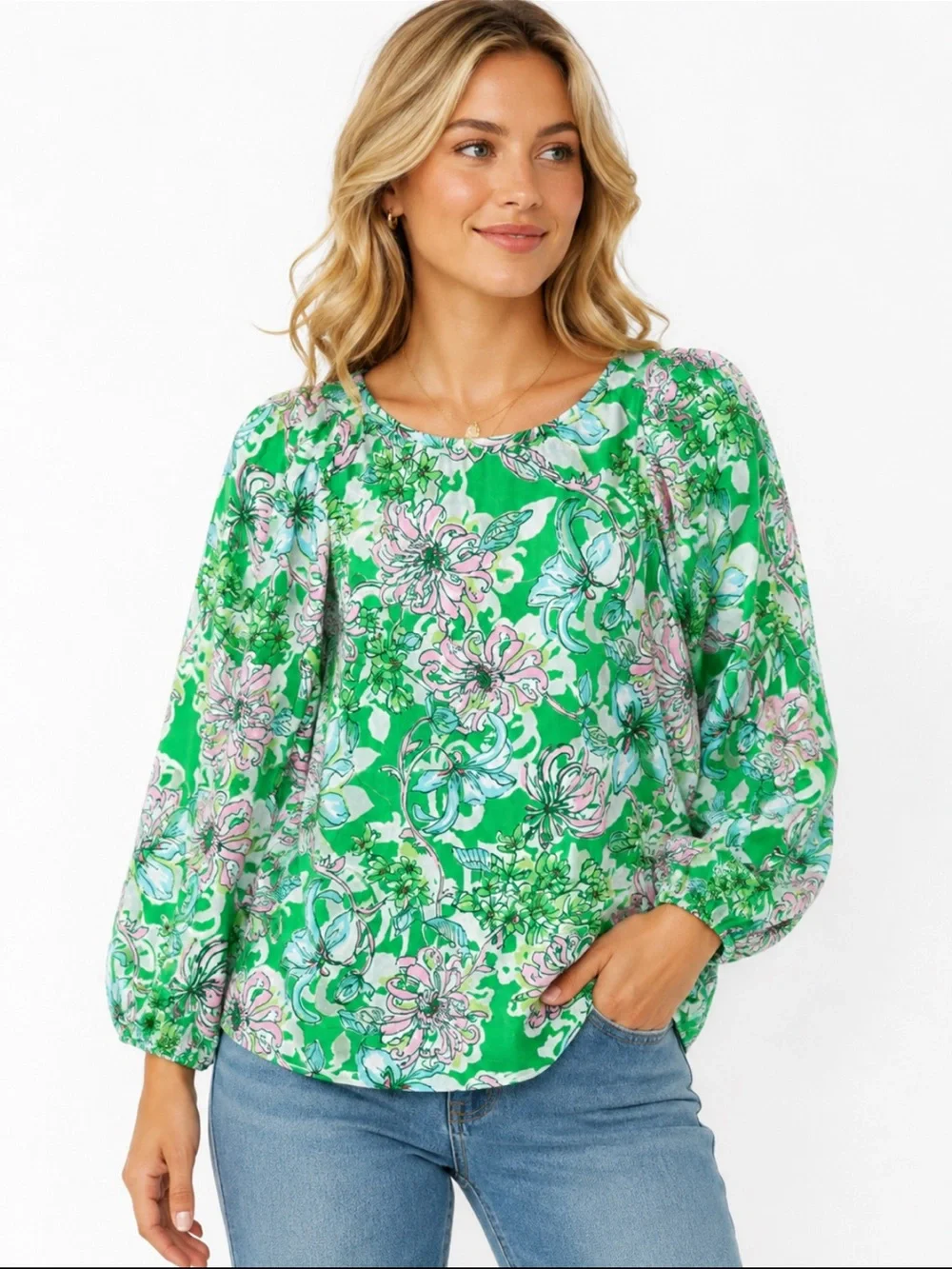 Lilly Pulitzer Green Pink Floral 100% Cotton Puff Sleeve Blouse Women’s 10